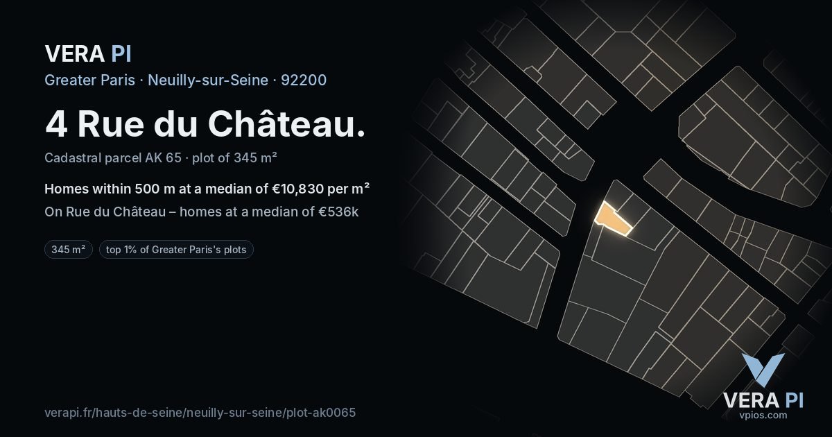 4 Rue du Château, Neuilly-sur-Seine at night – the plot lit, the parcels around coloured by the prices near them