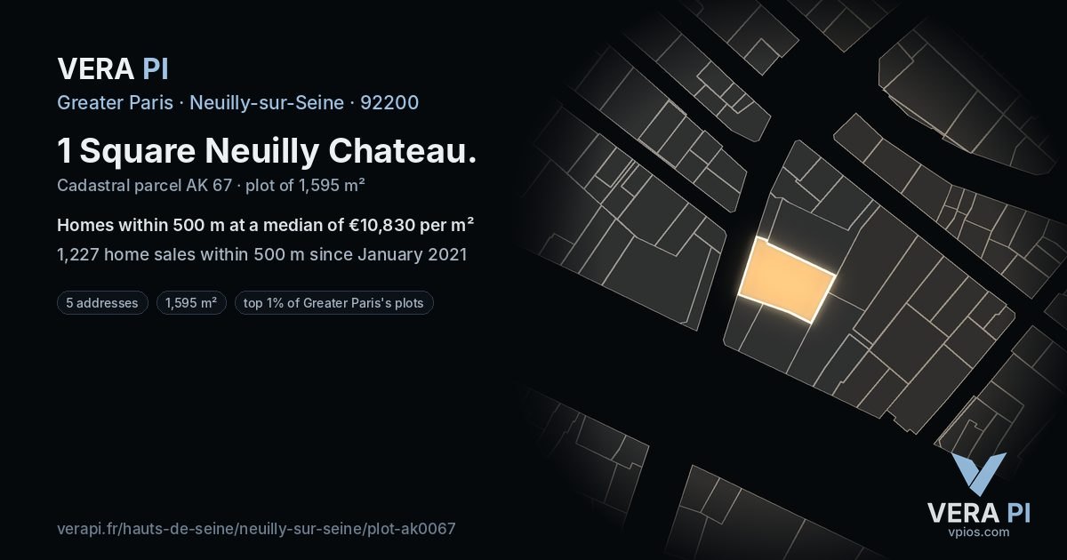 1 Square Neuilly Chateau, Neuilly-sur-Seine at night – the plot lit, the parcels around coloured by the prices near them