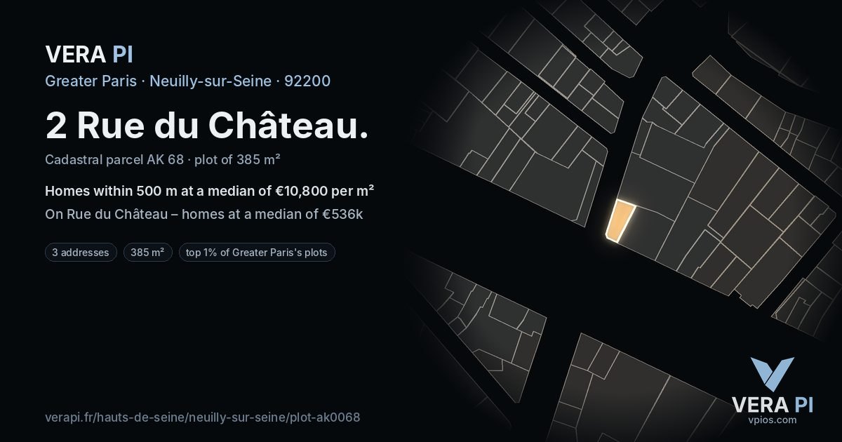 2 Rue du Château, Neuilly-sur-Seine at night – the plot lit, the parcels around coloured by the prices near them