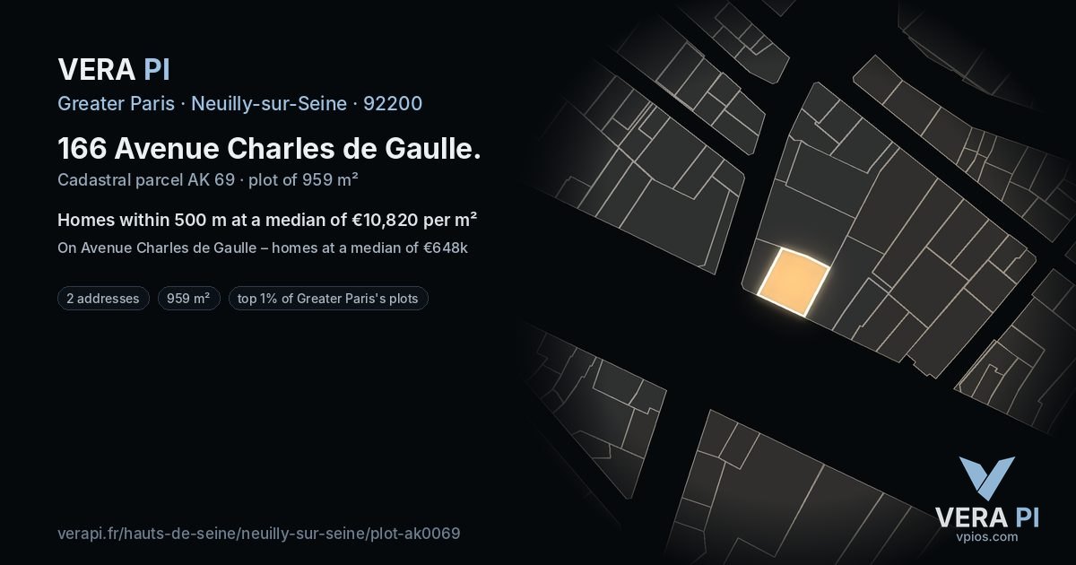 166 Avenue Charles de Gaulle, Neuilly-sur-Seine at night – the plot lit, the parcels around coloured by the prices near them