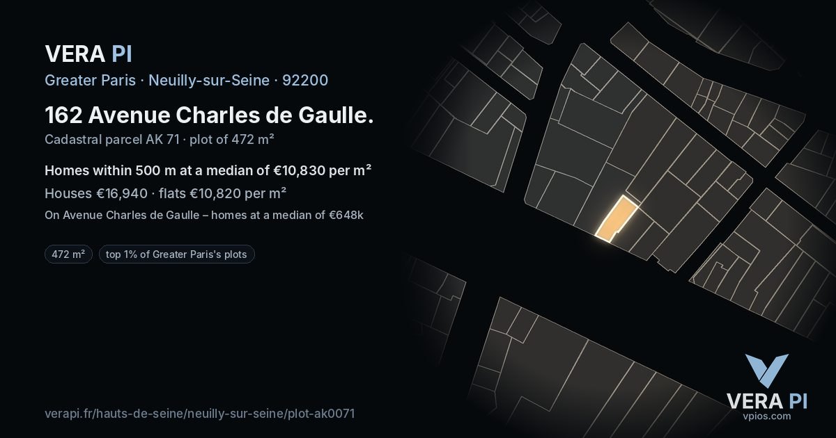 162 Avenue Charles de Gaulle, Neuilly-sur-Seine at night – the plot lit, the parcels around coloured by the prices near them