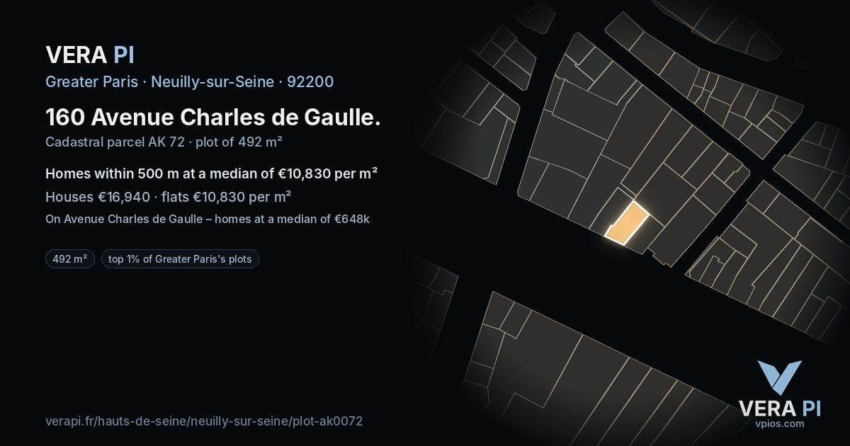 160 Avenue Charles de Gaulle, Neuilly-sur-Seine at night – the plot lit, the parcels around coloured by the prices near them