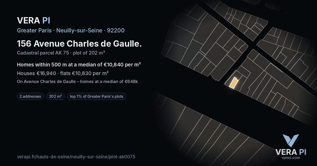 156 Avenue Charles de Gaulle, Neuilly-sur-Seine at night – the plot lit, the parcels around coloured by the prices near them
