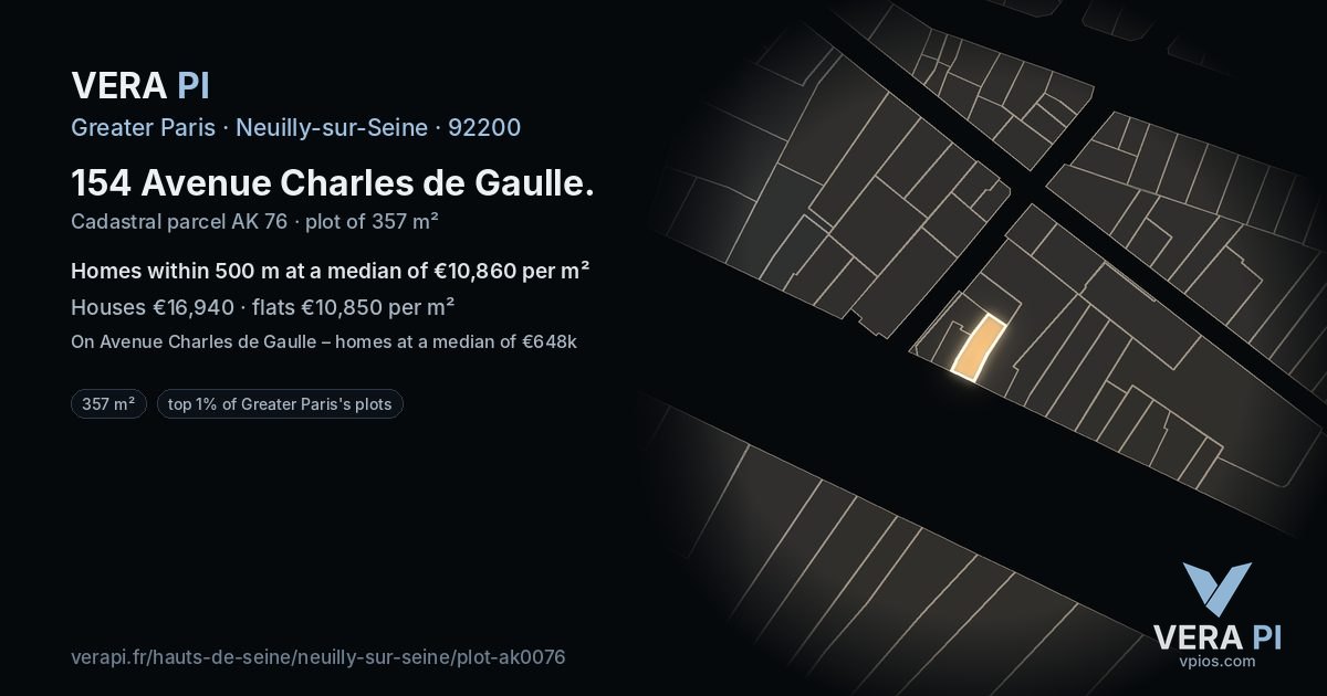 154 Avenue Charles de Gaulle, Neuilly-sur-Seine at night – the plot lit, the parcels around coloured by the prices near them