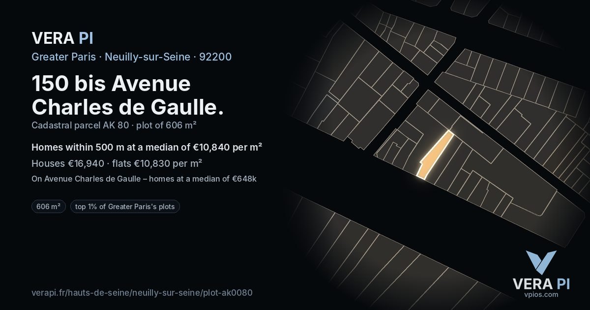 150 bis Avenue Charles de Gaulle, Neuilly-sur-Seine at night – the plot lit, the parcels around coloured by the prices near them