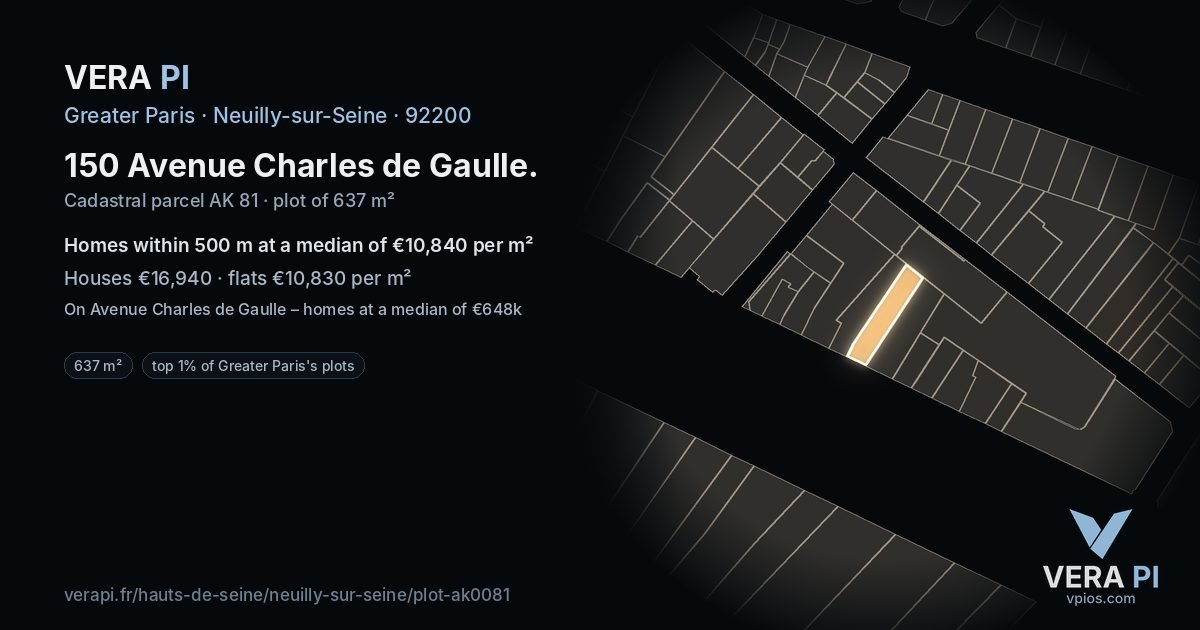 150 Avenue Charles de Gaulle, Neuilly-sur-Seine at night – the plot lit, the parcels around coloured by the prices near them