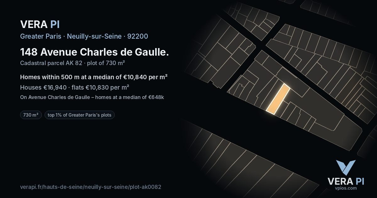 148 Avenue Charles de Gaulle, Neuilly-sur-Seine at night – the plot lit, the parcels around coloured by the prices near them