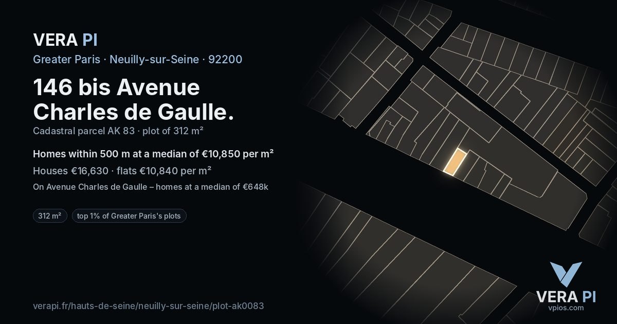 146 bis Avenue Charles de Gaulle, Neuilly-sur-Seine at night – the plot lit, the parcels around coloured by the prices near them