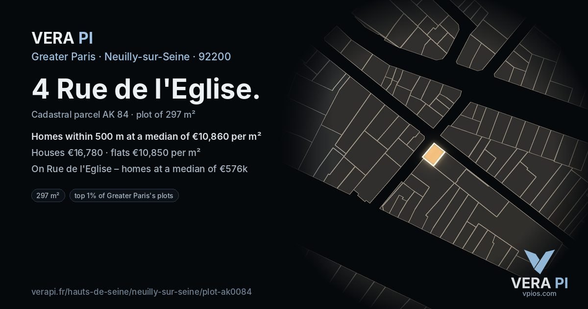 4 Rue de l'Eglise, Neuilly-sur-Seine at night – the plot lit, the parcels around coloured by the prices near them