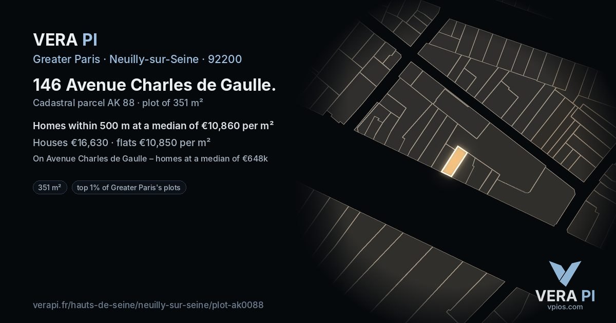 146 Avenue Charles de Gaulle, Neuilly-sur-Seine at night – the plot lit, the parcels around coloured by the prices near them
