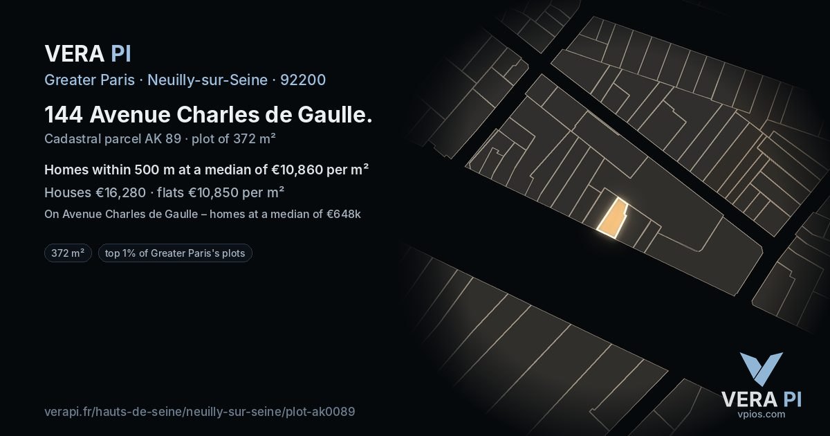 144 Avenue Charles de Gaulle, Neuilly-sur-Seine at night – the plot lit, the parcels around coloured by the prices near them