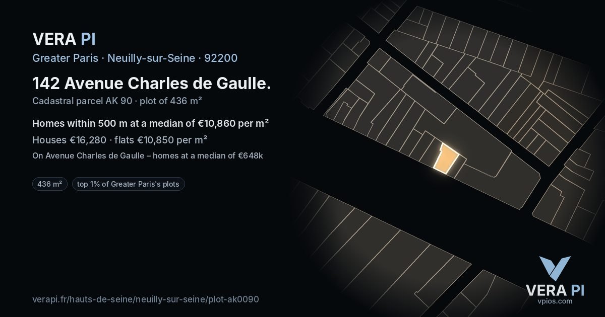 142 Avenue Charles de Gaulle, Neuilly-sur-Seine at night – the plot lit, the parcels around coloured by the prices near them