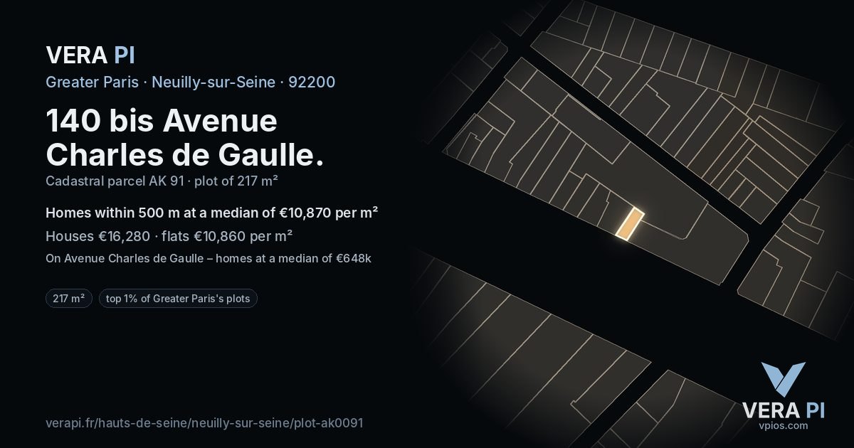 140 bis Avenue Charles de Gaulle, Neuilly-sur-Seine at night – the plot lit, the parcels around coloured by the prices near them