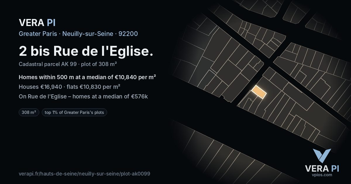 2 bis Rue de l'Eglise, Neuilly-sur-Seine at night – the plot lit, the parcels around coloured by the prices near them