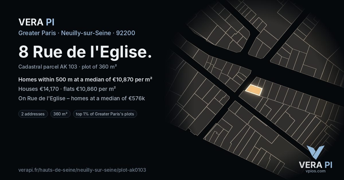 8 Rue de l'Eglise, Neuilly-sur-Seine at night – the plot lit, the parcels around coloured by the prices near them