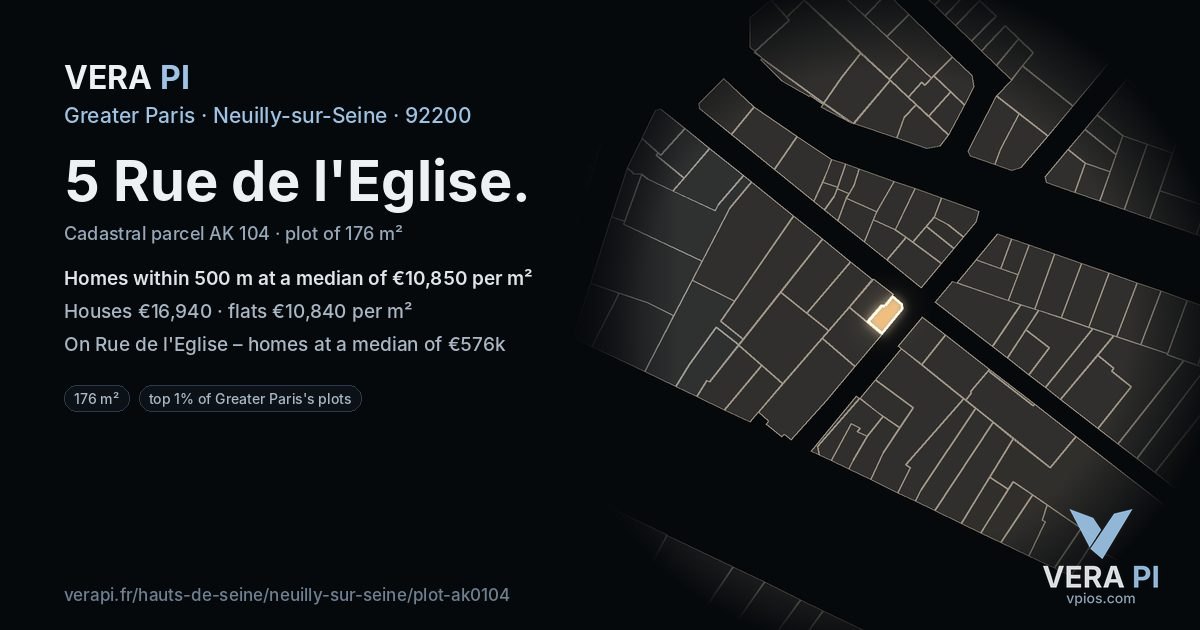 5 Rue de l'Eglise, Neuilly-sur-Seine at night – the plot lit, the parcels around coloured by the prices near them