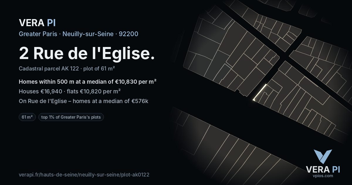 2 Rue de l'Eglise, Neuilly-sur-Seine at night – the plot lit, the parcels around coloured by the prices near them