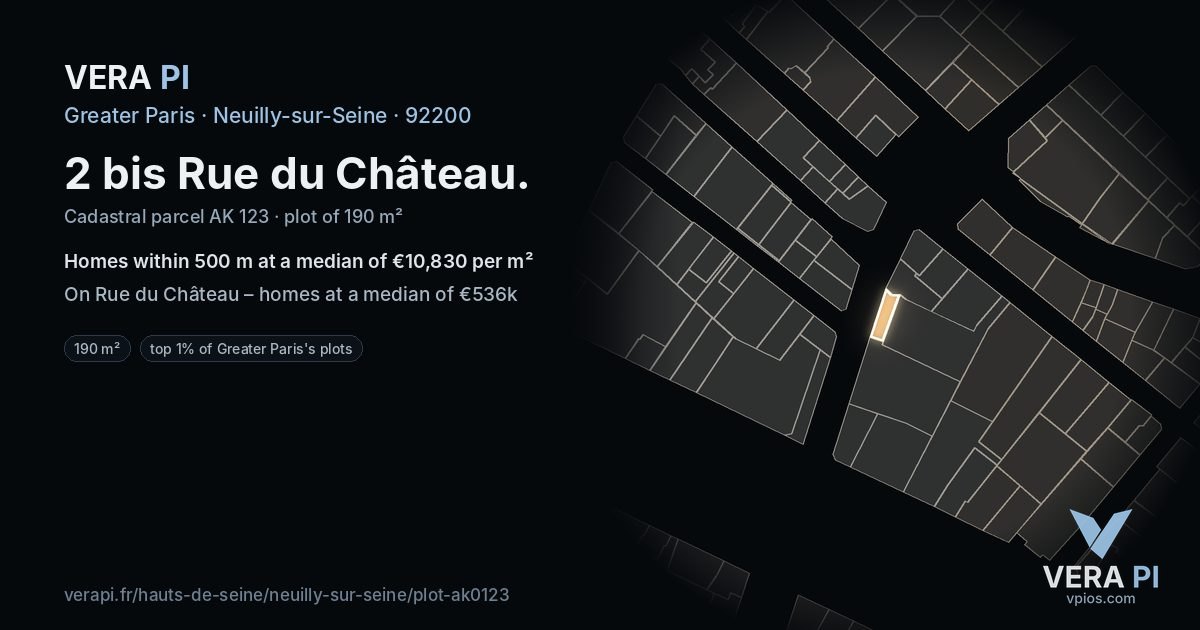 2 bis Rue du Château, Neuilly-sur-Seine at night – the plot lit, the parcels around coloured by the prices near them