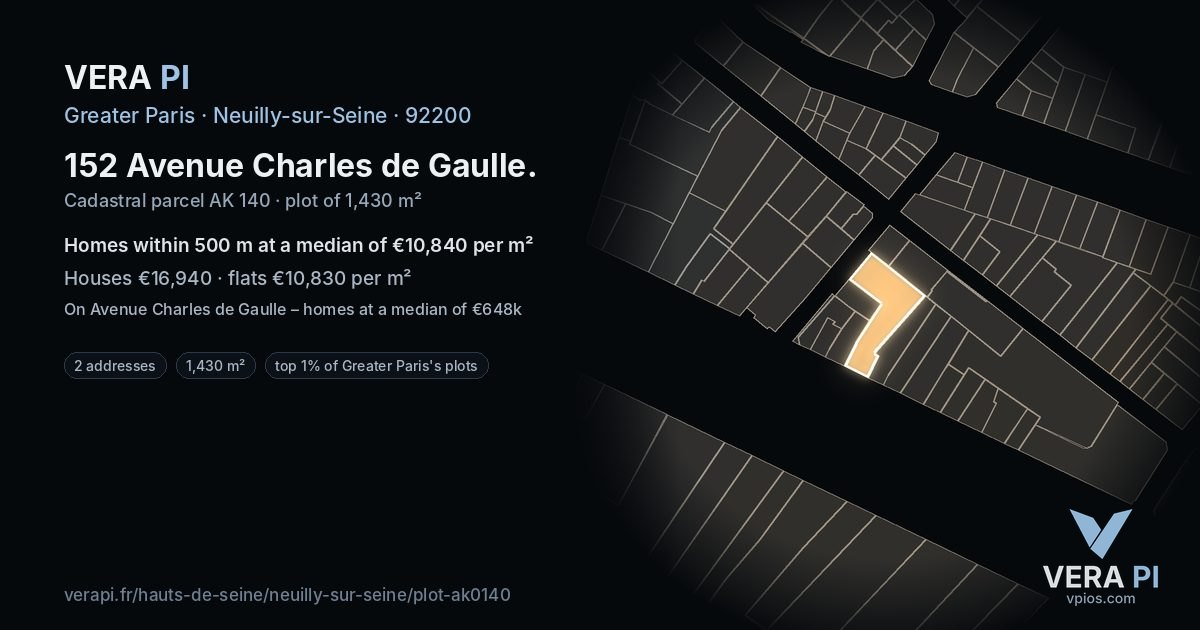 152 Avenue Charles de Gaulle, Neuilly-sur-Seine at night – the plot lit, the parcels around coloured by the prices near them