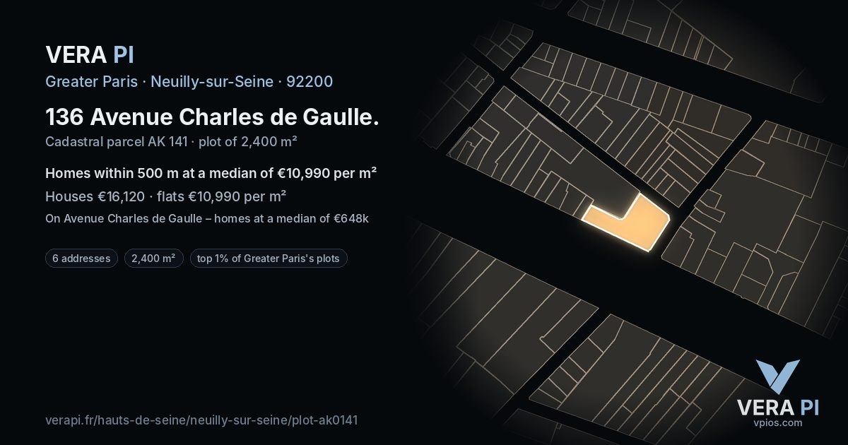 136 Avenue Charles de Gaulle, Neuilly-sur-Seine at night – the plot lit, the parcels around coloured by the prices near them
