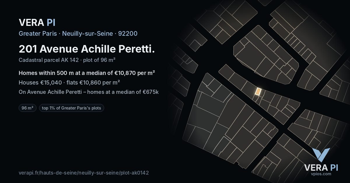 201 Avenue Achille Peretti, Neuilly-sur-Seine at night – the plot lit, the parcels around coloured by the prices near them