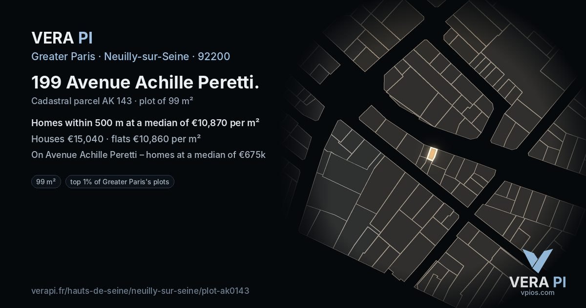 199 Avenue Achille Peretti, Neuilly-sur-Seine at night – the plot lit, the parcels around coloured by the prices near them