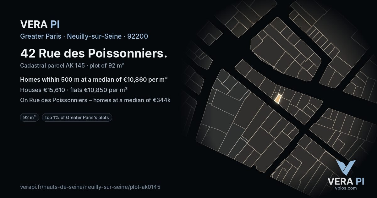 42 Rue des Poissonniers, Neuilly-sur-Seine at night – the plot lit, the parcels around coloured by the prices near them