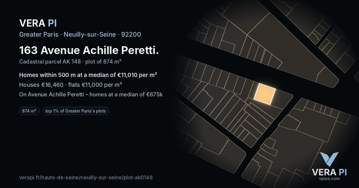 163 Avenue Achille Peretti, Neuilly-sur-Seine at night – the plot lit, the parcels around coloured by the prices near them