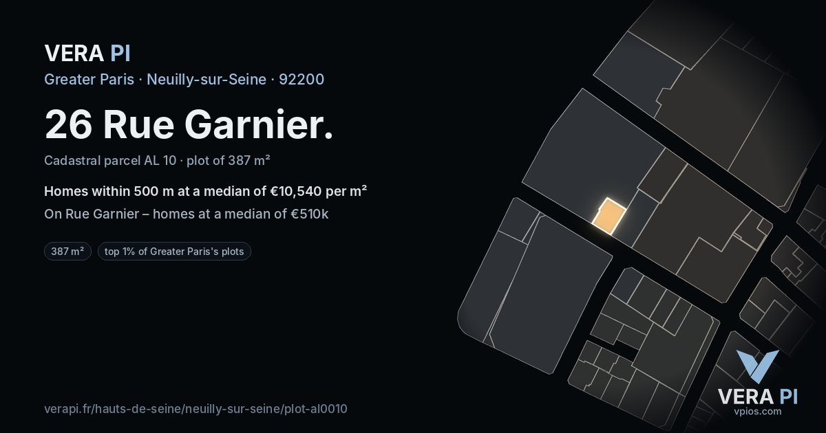 26 Rue Garnier, Neuilly-sur-Seine at night – the plot lit, the parcels around coloured by the prices near them