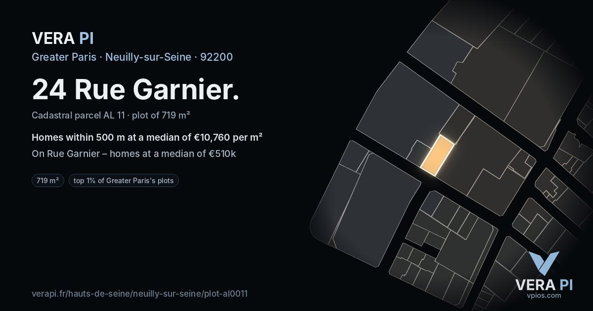24 Rue Garnier, Neuilly-sur-Seine at night – the plot lit, the parcels around coloured by the prices near them