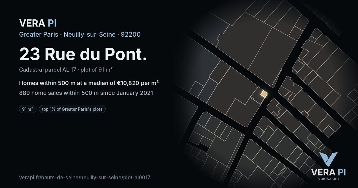 23 Rue du Pont, Neuilly-sur-Seine at night – the plot lit, the parcels around coloured by the prices near them