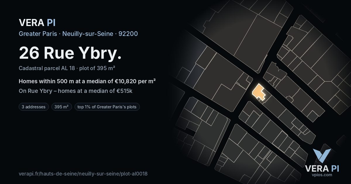 26 Rue Ybry, Neuilly-sur-Seine at night – the plot lit, the parcels around coloured by the prices near them