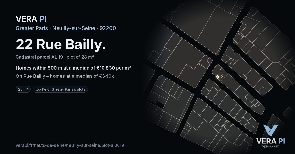 22 Rue Bailly, Neuilly-sur-Seine at night – the plot lit, the parcels around coloured by the prices near them