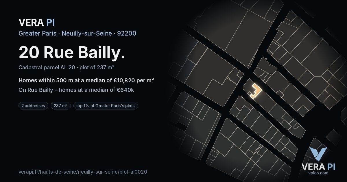 20 Rue Bailly, Neuilly-sur-Seine at night – the plot lit, the parcels around coloured by the prices near them