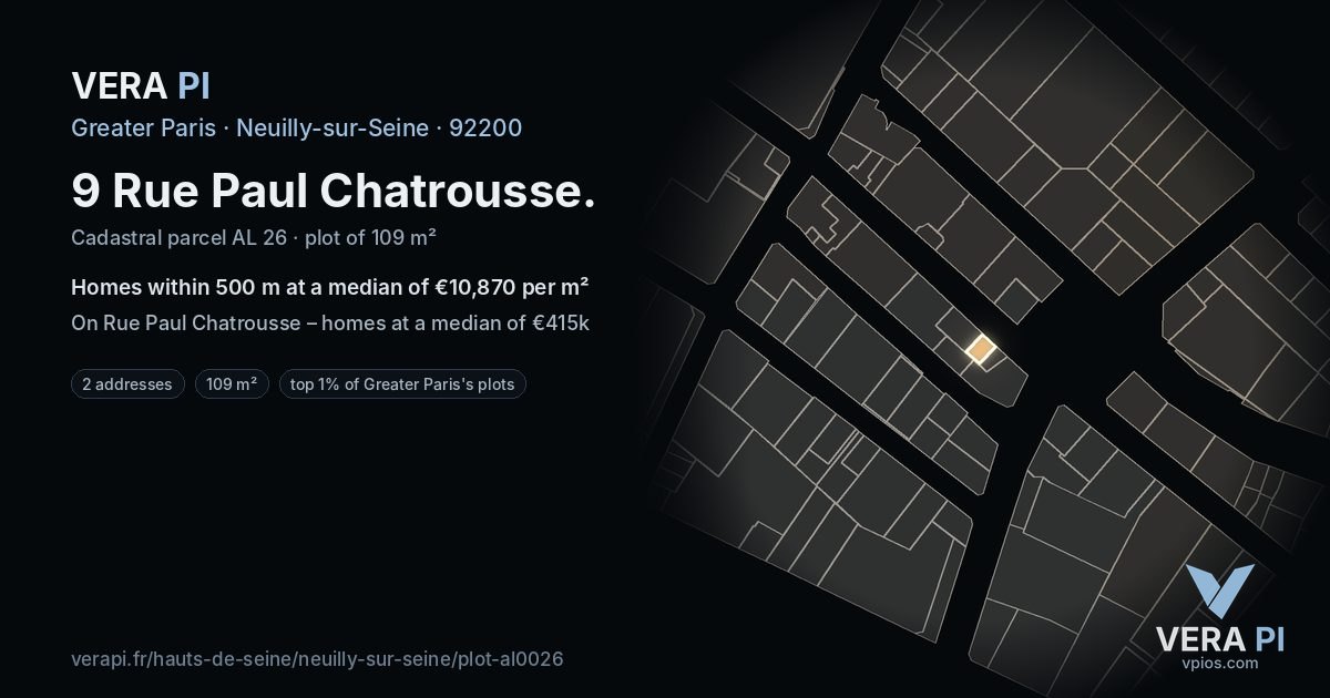 9 Rue Paul Chatrousse, Neuilly-sur-Seine at night – the plot lit, the parcels around coloured by the prices near them