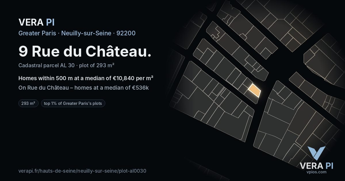 9 Rue du Château, Neuilly-sur-Seine at night – the plot lit, the parcels around coloured by the prices near them