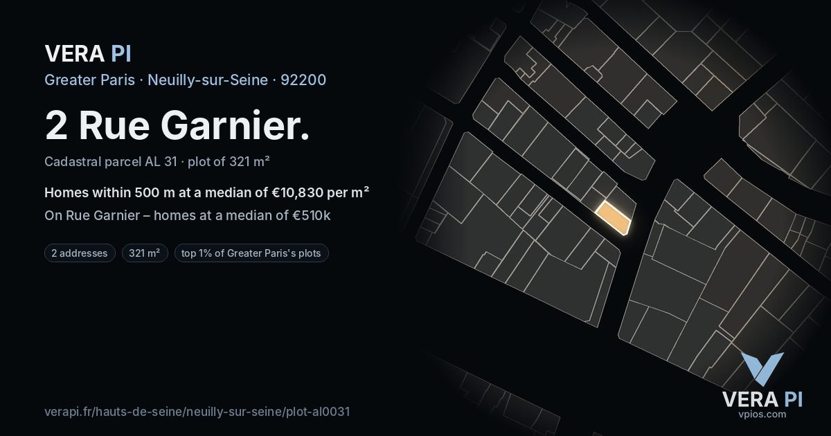 2 Rue Garnier, Neuilly-sur-Seine at night – the plot lit, the parcels around coloured by the prices near them