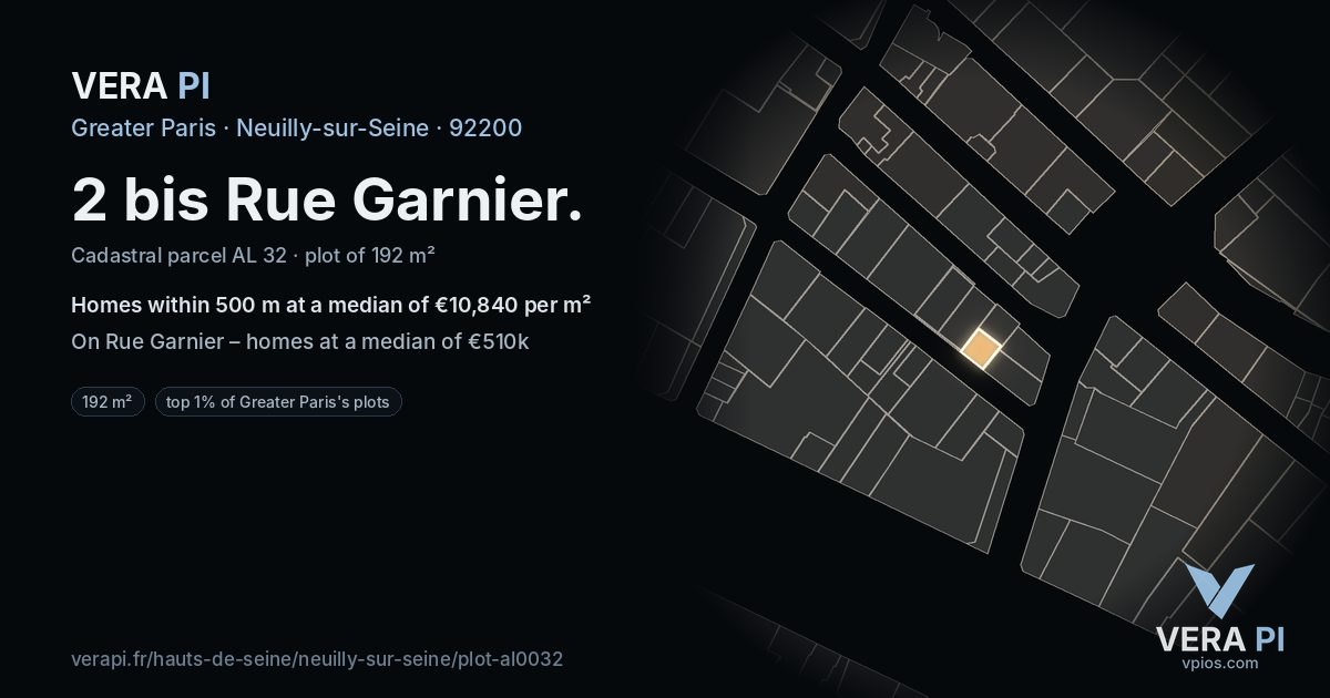 2 bis Rue Garnier, Neuilly-sur-Seine at night – the plot lit, the parcels around coloured by the prices near them
