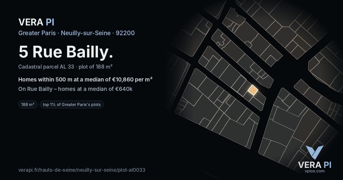 5 Rue Bailly, Neuilly-sur-Seine at night – the plot lit, the parcels around coloured by the prices near them