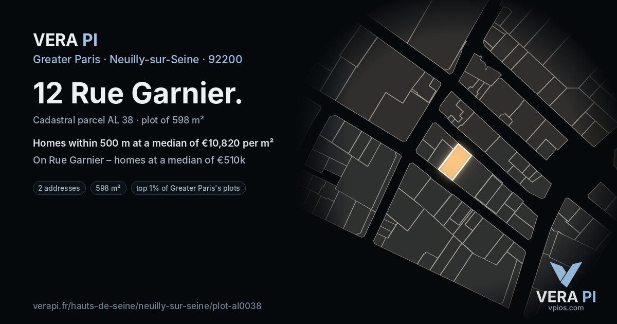 12 Rue Garnier, Neuilly-sur-Seine at night – the plot lit, the parcels around coloured by the prices near them