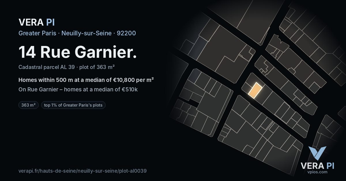 14 Rue Garnier, Neuilly-sur-Seine at night – the plot lit, the parcels around coloured by the prices near them