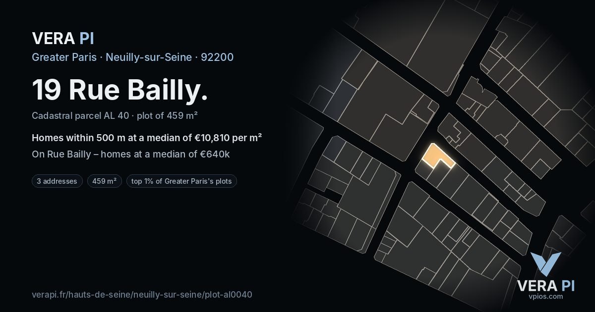 19 Rue Bailly, Neuilly-sur-Seine at night – the plot lit, the parcels around coloured by the prices near them