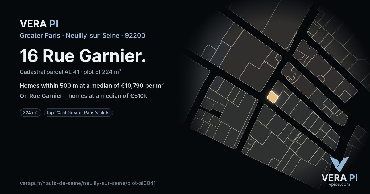 16 Rue Garnier, Neuilly-sur-Seine at night – the plot lit, the parcels around coloured by the prices near them