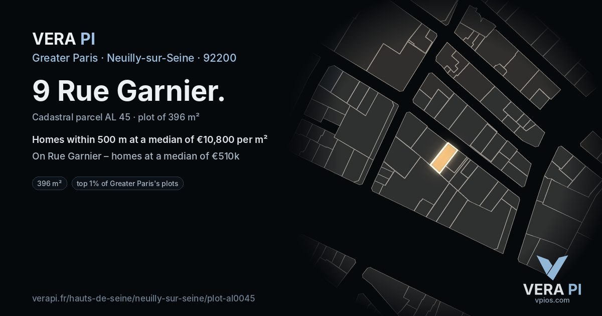 9 Rue Garnier, Neuilly-sur-Seine at night – the plot lit, the parcels around coloured by the prices near them