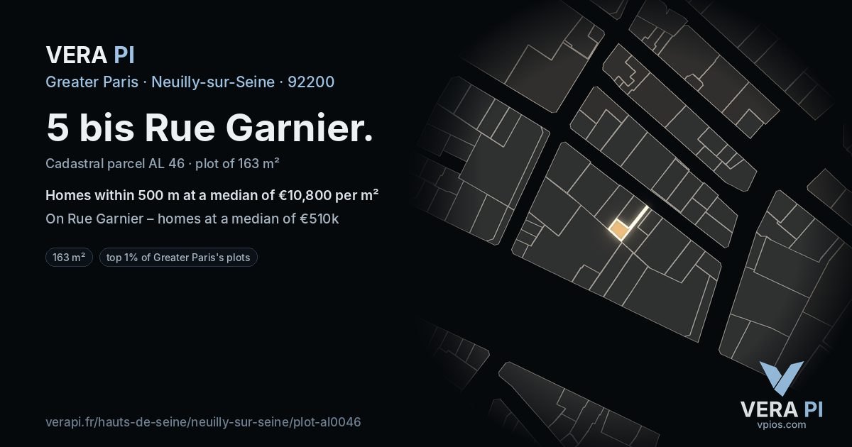 5 bis Rue Garnier, Neuilly-sur-Seine at night – the plot lit, the parcels around coloured by the prices near them