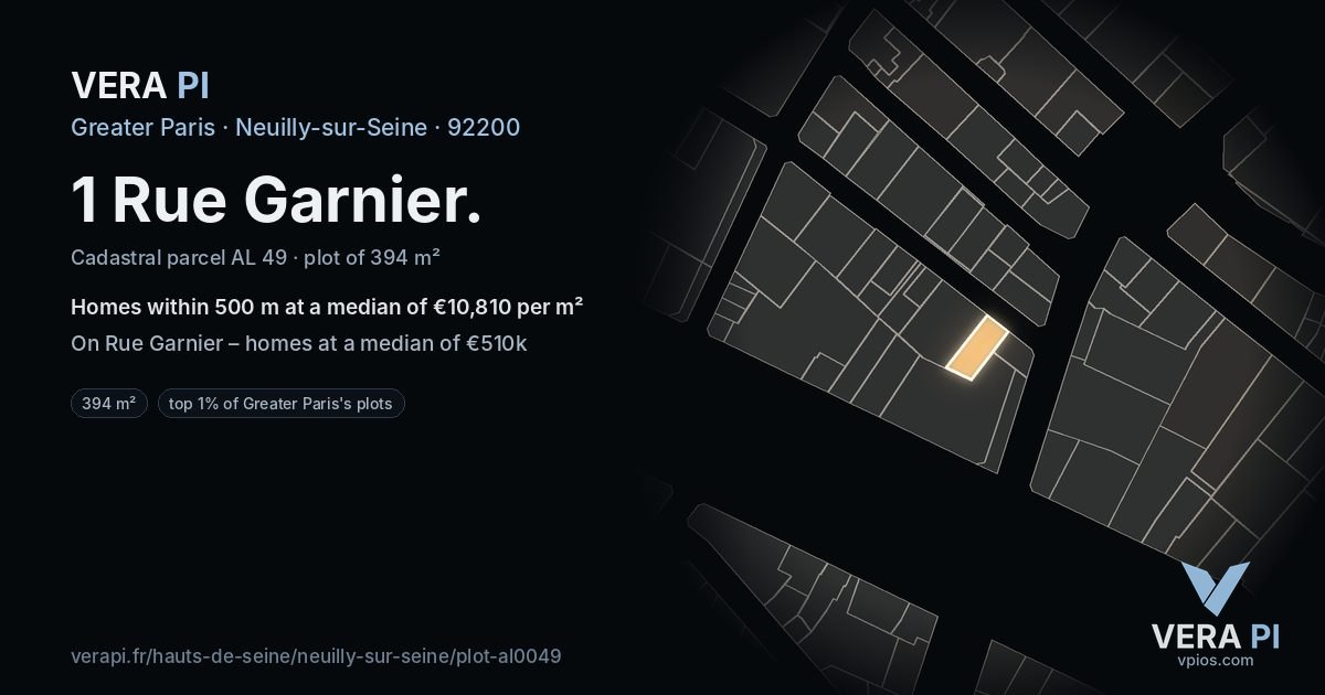 1 Rue Garnier, Neuilly-sur-Seine at night – the plot lit, the parcels around coloured by the prices near them