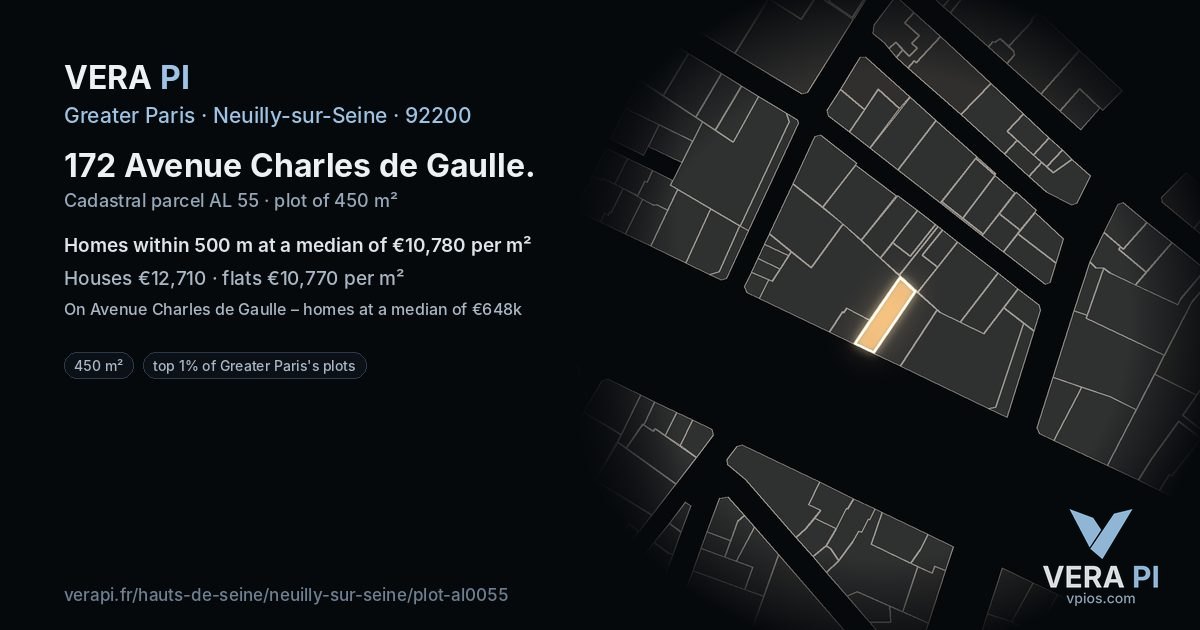 172 Avenue Charles de Gaulle, Neuilly-sur-Seine at night – the plot lit, the parcels around coloured by the prices near them
