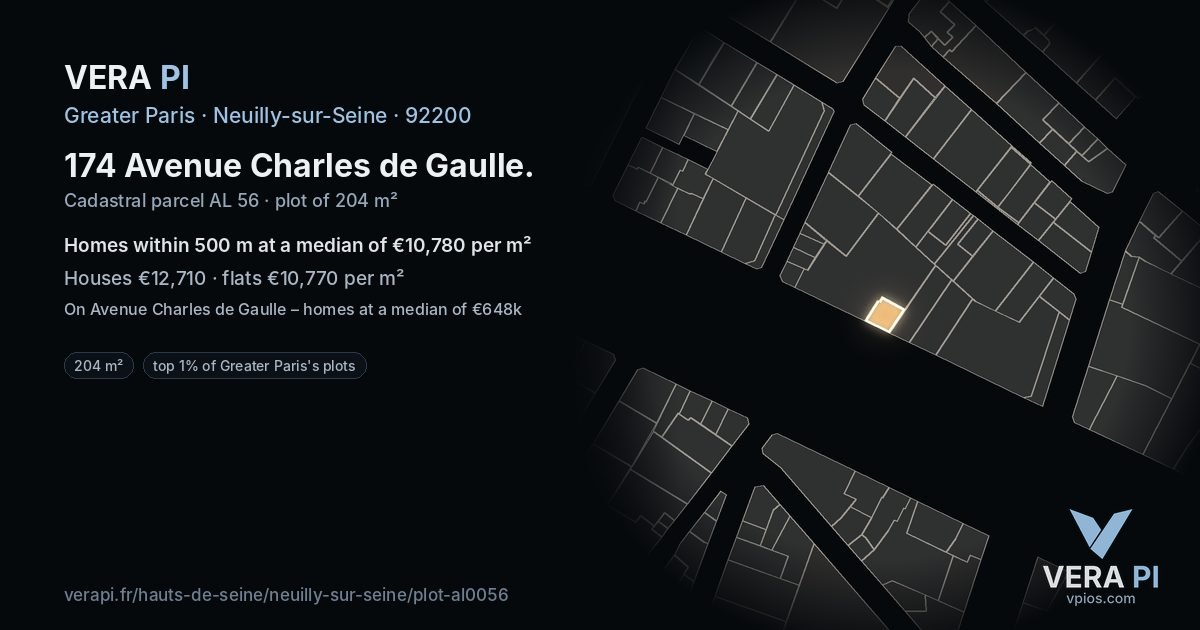 174 Avenue Charles de Gaulle, Neuilly-sur-Seine at night – the plot lit, the parcels around coloured by the prices near them