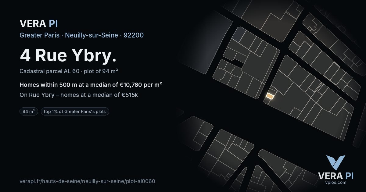 4 Rue Ybry, Neuilly-sur-Seine at night – the plot lit, the parcels around coloured by the prices near them