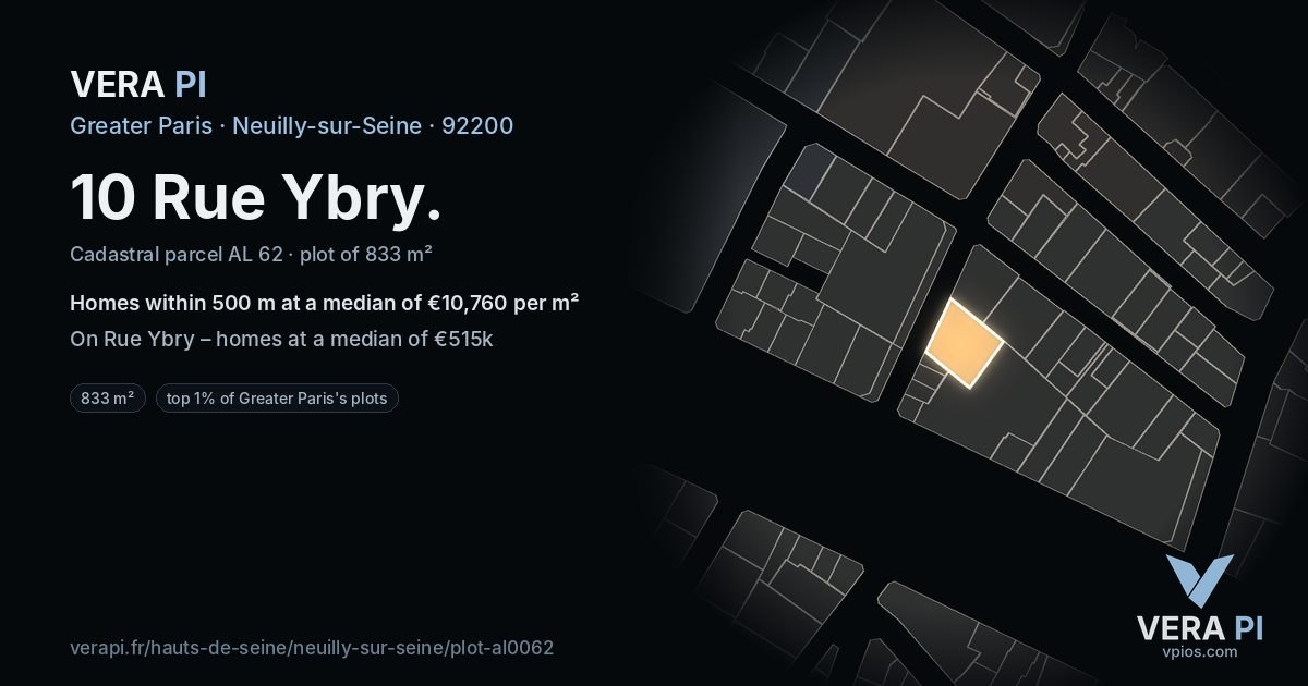 10 Rue Ybry, Neuilly-sur-Seine at night – the plot lit, the parcels around coloured by the prices near them